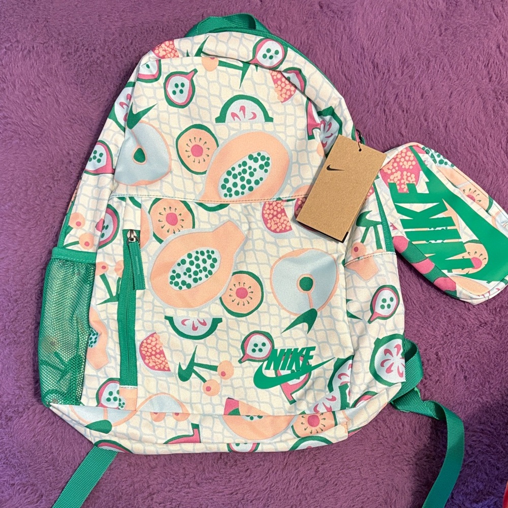 Nike Kids Fruit Pattern Backpack and Pouch - Green and Pink